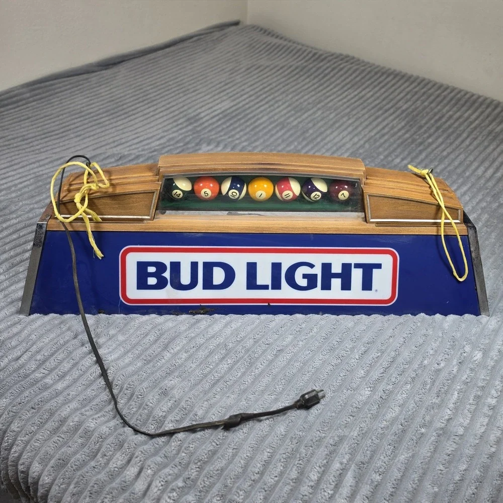Bud Light Billiards Pool Table Light Blue Wood Grain Vintage 1983 Hanging Lamp